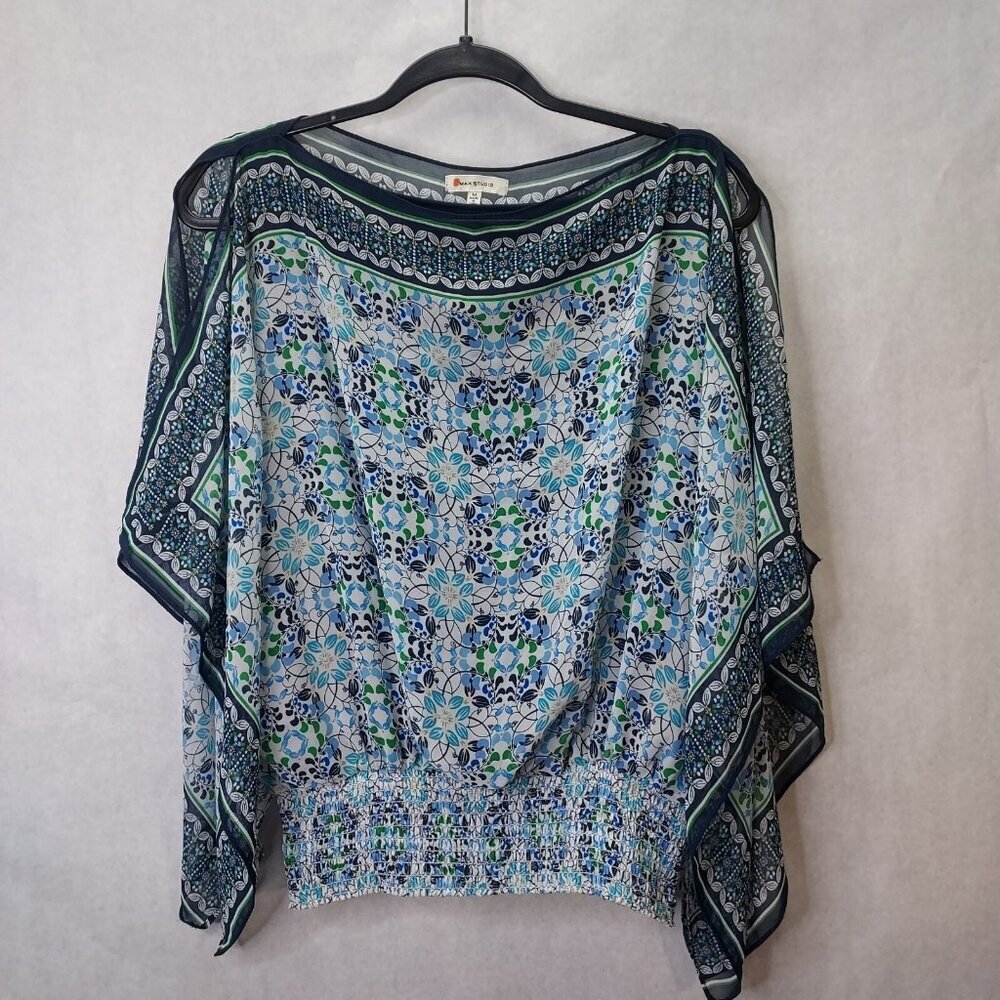 Max Studio Blouse Women's M Handkerchief Top Smocked Bandana Lined Festival Boho